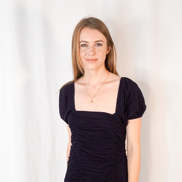 FREE PEOPLE Box Neck Smocked Mini Dress Blue - Picture 6 of 8